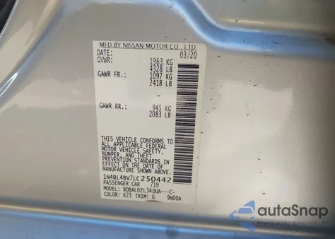 2020 Nissan Altima S Fwd z USA, uszkodzony, nr VIN 1N4BL4BV7LC250442